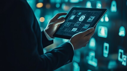 A professional in a suit holding a tablet, analyzing cybersecurity data displayed on a digital interface during a nighttime urban setting