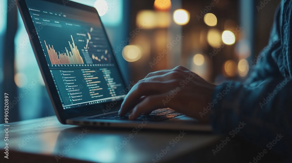 Poster a person analyzing data on a laptop screen displaying graphs and statistics in a dimly lit urban caf