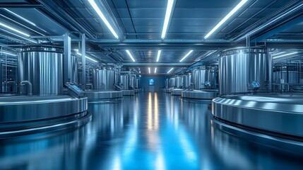 Stainless steel tank with hygienic design, glowing under bright white LED lights, in a sterile food processing plant, futuristic industrial vibe, clean lines, 3D render
