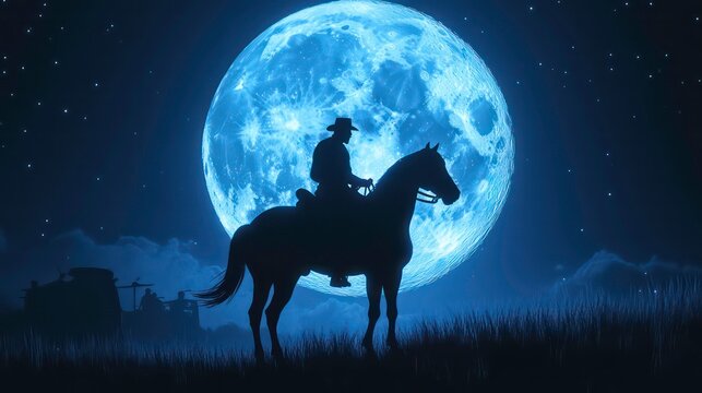 Silhouette of a cowboy riding a horse under a full moon with stars in the night sky. - Powered by Adobe