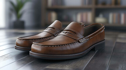 A pair of brown leather loafers on a wooden floor.