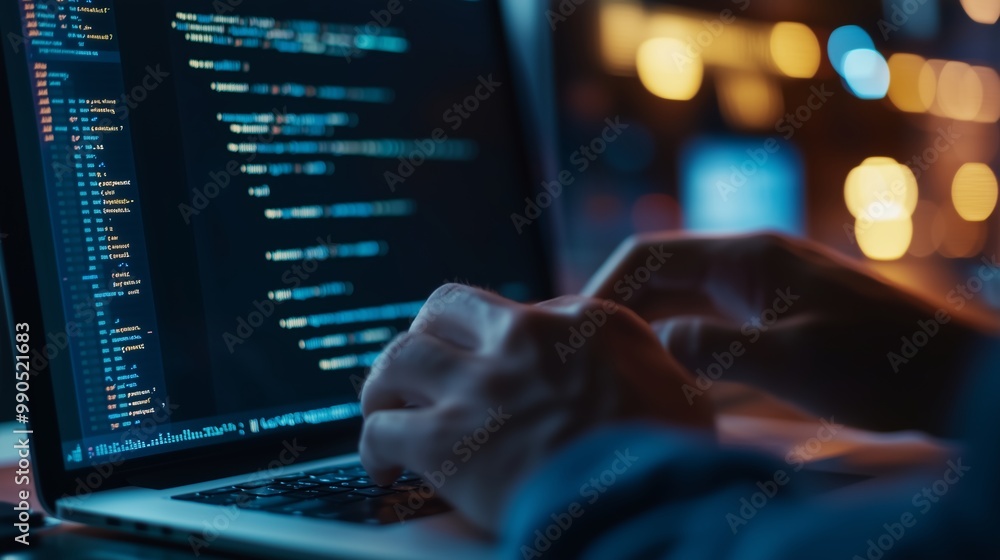Poster a programmer coding on a laptop in a dimly lit workspace during the evening hours with vibrant light
