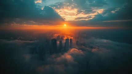 Fototapeta premium A cityscape emerges from clouds at sunset. This image is perfect for illustrating concepts of growth, ambition, and reaching for your goals.