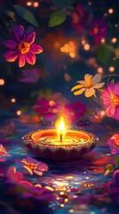 Diwali, colorful flowers, candles glowing in the water, cartoon-style