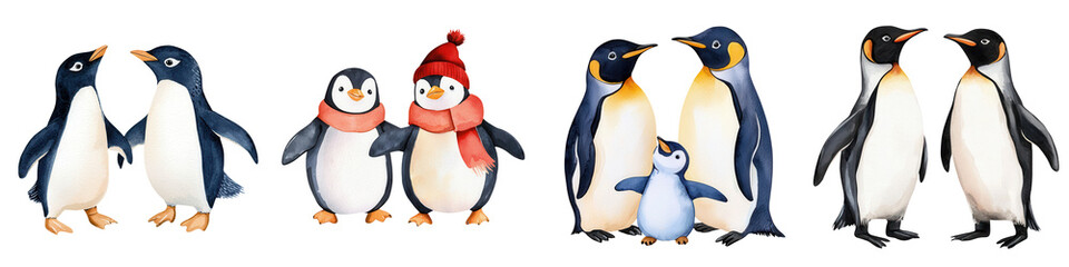 Obraz premium A charming group of cartoon penguins showcasing various poses and outfits against a white isolated background.