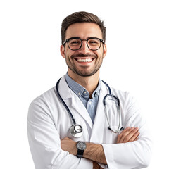 A handsome doctor smiling, wearing glasses and white coat with stethoscope around his neck isolated on clear Transparent background