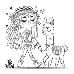 Fototapeta premium Cute girl with dreadlocks walks with a llama. Coloring page for children and adults. Art therapy. Black and white background for coloring.