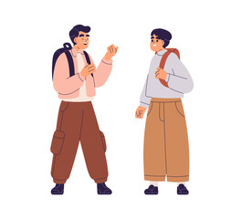 School students talking. Happy boys chatting. Children classmates, pupils speaking. Smiling kids friends conversation, communication, dialog. Flat vector illustration isolated on white background