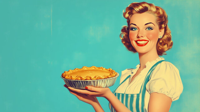 A vintage commercial style illustration of a perfect retro style traditional housewife in candy colours, smiling and holding a fresh baked pie. Wide landscape 16:9 with copy space, text blank