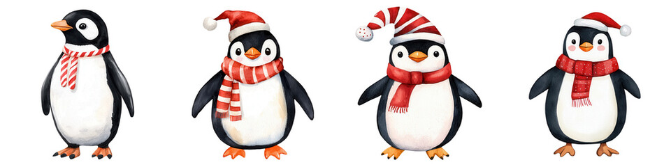 Fototapeta premium Four cheerful penguins in winter attire, isolated on a white background, perfect for holiday designs.