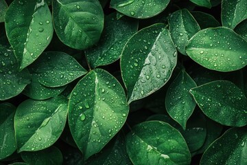 Fototapeta premium Green leaves with water droplets. Perfect for illustrating nature, growth, and freshness.