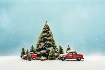 Christmas trees with lights decoration in snow with a red car, banner, wallpaper, HD, Merry Christmas Card, Greeting, Joy to the world, White Christmas, Forest