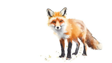 Watercolor painting of a red fox standing on a white background.