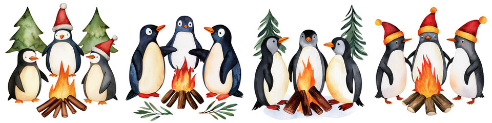 Obraz premium Playful penguins celebrating with Christmas trees and campfire in a festive winter setting.