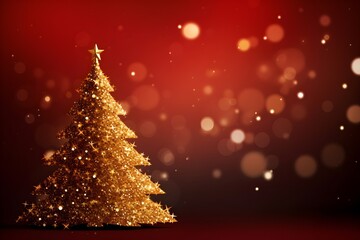 Red Christmas Tree with bokeh lights background, with copy space for text, banner HD, Merry Christmas lights, invitation card greeting, celebration 