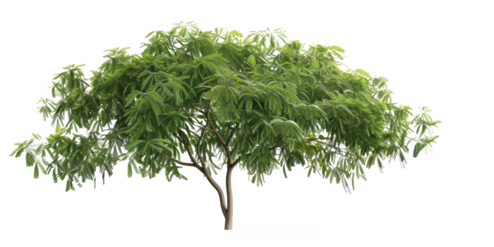 A cutout image of a tree with the sun above, adorned with lush green leaves, and a removed background for seamless integration into image editing projects.