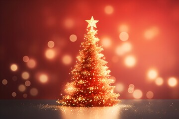 Red Christmas Tree with bokeh lights background, with copy space for text, banner HD, Merry Christmas lights, invitation card greeting, celebration 