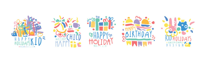 Happy Kids Holiday Colorful Original Design Vector Set