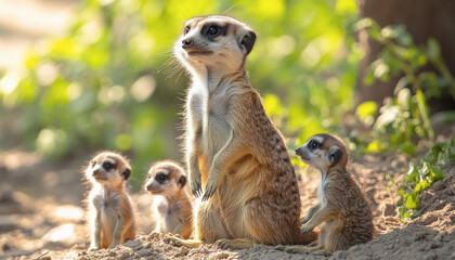 Fototapeta premium Meerkat family standing guard in the african sun