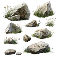 different types of rocks with grass, on a Transparent background