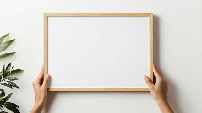 A mockup of an A4 wooden frame on the wall, with hands holding it from below, white background, natural lighting, hyper-realistic photography