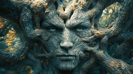 Fototapeta premium Enigmatic Face Merged with Twisted Natural Elements
