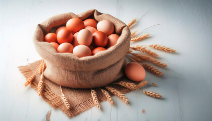 Fresh chicken eggs in burlap sack isolated on white background with copy space; banner 
