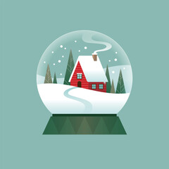 Vector illustration of a snow globe with a red house inside.