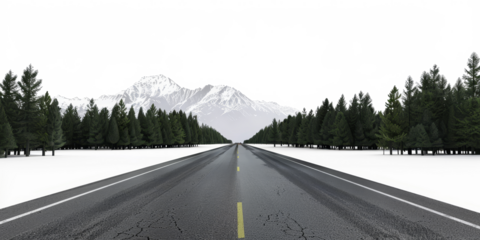 The PNG file presents an endless straight road flanked by a snow-covered forest on both sides, with the sky removed to highlight the serene winter landscape.