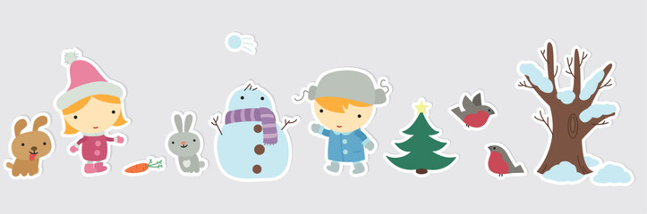 Hand drawn stickers with children, snowman, animals, birds and trees. Colorful cute winter characters	