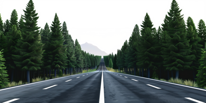The image depicts a straight road winding through a dense green forest, leading toward a mountain in the distance, with the sky removed to highlight the lush landscape.
