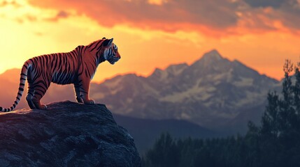 Fototapeta premium A lone tiger stands on a rock overlooking a mountain range at sunset.