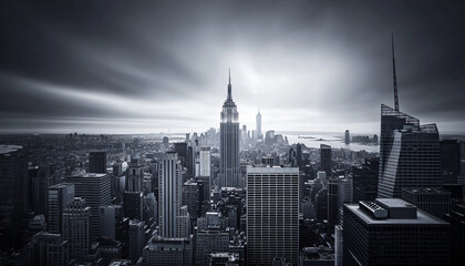 A black-and-white photo of a famous city skyline or iconic landmark, evoking a timeless, classic look