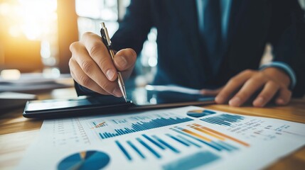 Business professional analyzing financial reports with graphs and charts in a modern office during the afternoon