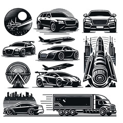 Obraz premium Collection of Monochrome Transportation and Cityscape Illustrations