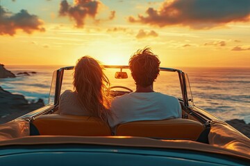 a Couple romantic in car at sunset