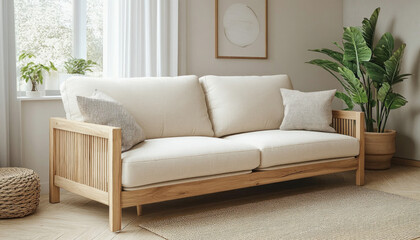 Fototapeta premium Modern living room with a beige sofa standing by the window