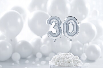 Silver helium floating balloons made in shape of number thirty. Birthday party or wedding...