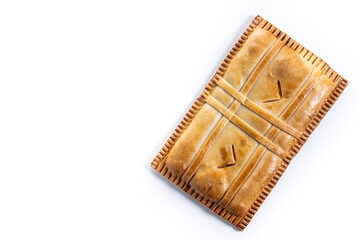 Tuna pie isolated on white background (empanada gallega). Traditional spanish food.