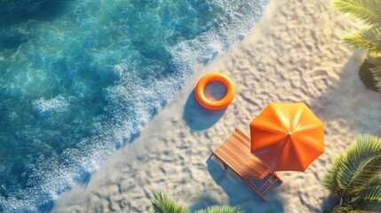 Naklejka premium Overhead view of a beach with an orange umbrella, lounge chair, and an inflatable ring.