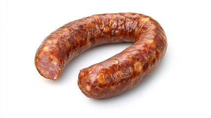 A single, u-shaped smoked sausage on a white background.