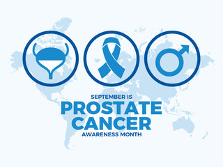 September is Prostate Cancer Awareness Month poster vector illustration. Blue awareness ribbon, bladder, male symbol icon set vector. Template for background, banner, card. Important day