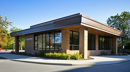 Modern building exterior with patio and bench