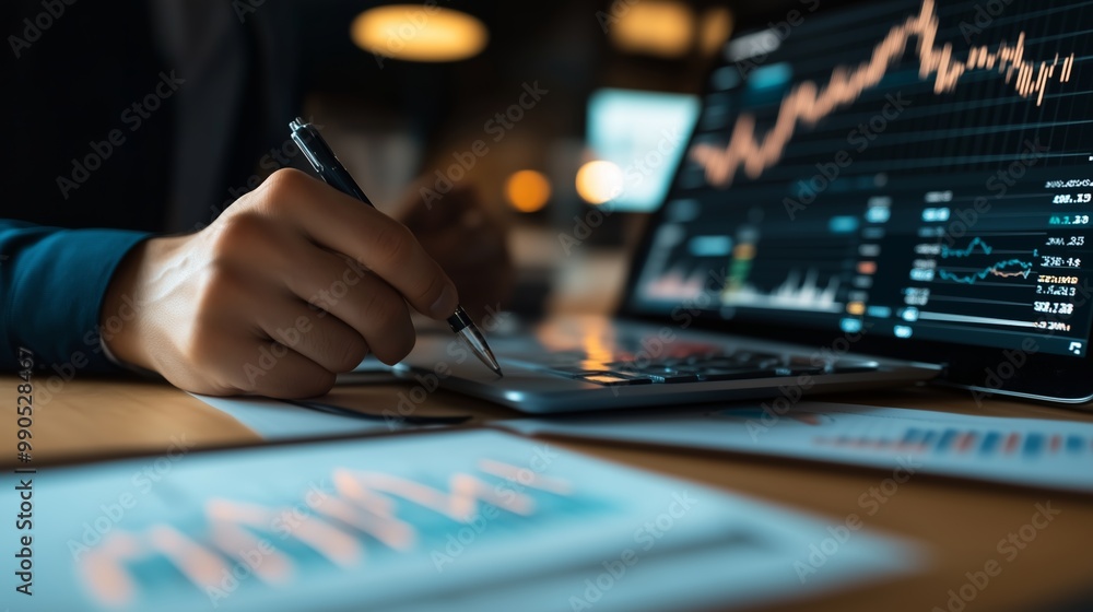 Aufkleber financial analysis underway at a desk with a laptop displaying stock market data and charts in a sof
