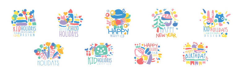 Happy Kids Holiday Colorful Original Design Vector Set