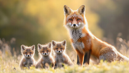 Naklejka premium Red fox mother watching over her three cute cubs in a sunny meadow
