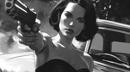 A black and white comic book illustration of an attractive woman with short dark hair wearing a shoulderless dress, pointing a pistol at the camera