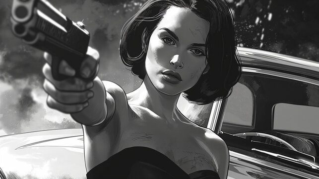 A black and white comic book illustration of an attractive woman with short dark hair wearing a shoulderless dress, pointing a pistol at the camera