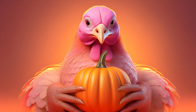 Naklejki turkey, holding, a, pumpkin, hold, new, thanksgiving, pink, orange, closed, closeup, photo, on, solid, background, y2k, colorful, cartoon, animal, isolated, october, fall, funny, on, with, ad