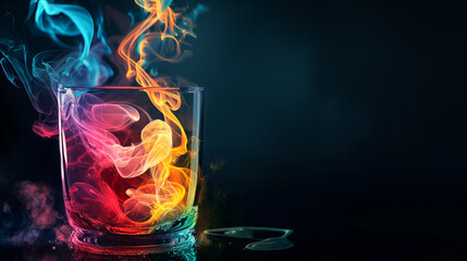 An abstract colorful liquid in the glass, with a black background, add smoke around the glass and colorful smoke coming out of it, add some effects on top to make the colors more vibrant